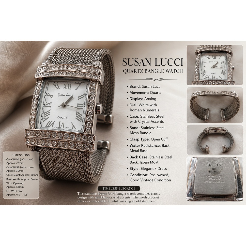 Susan Lucci Silver Tone Rhinestone Mesh Cuff Watch Roman Numeral Rectangular Fac